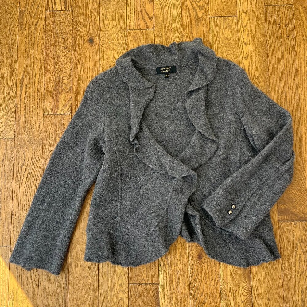 Essentials by A.B.S. Gray 100% Wool Open Front Ruffle Collar Peplum Jacket‎ L